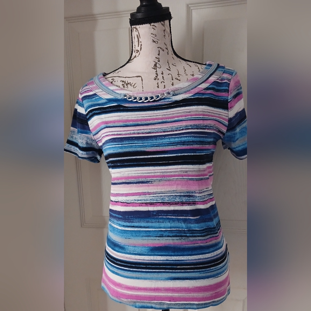 5/$25 Rafaella Striped Short-Sleeve Top in Blue, Pink and White